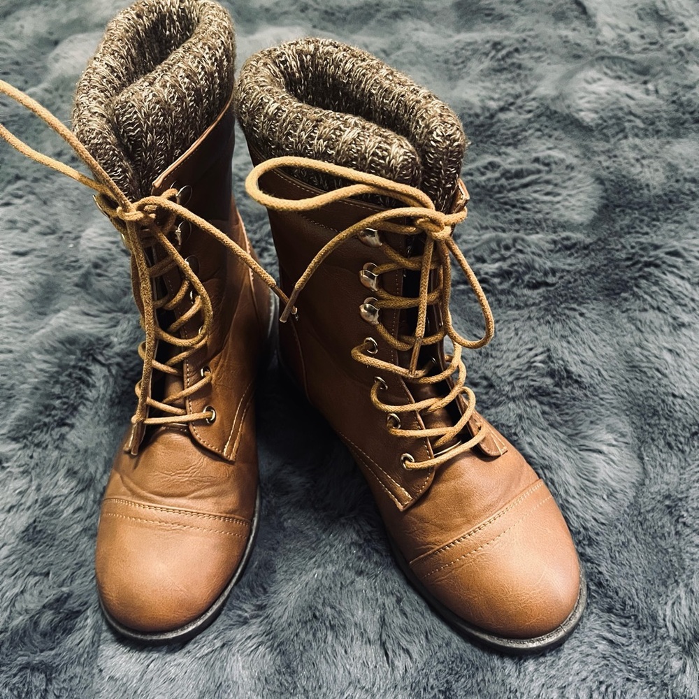 Lucky Top Tan Lace-Up Boots with Knit Cuff